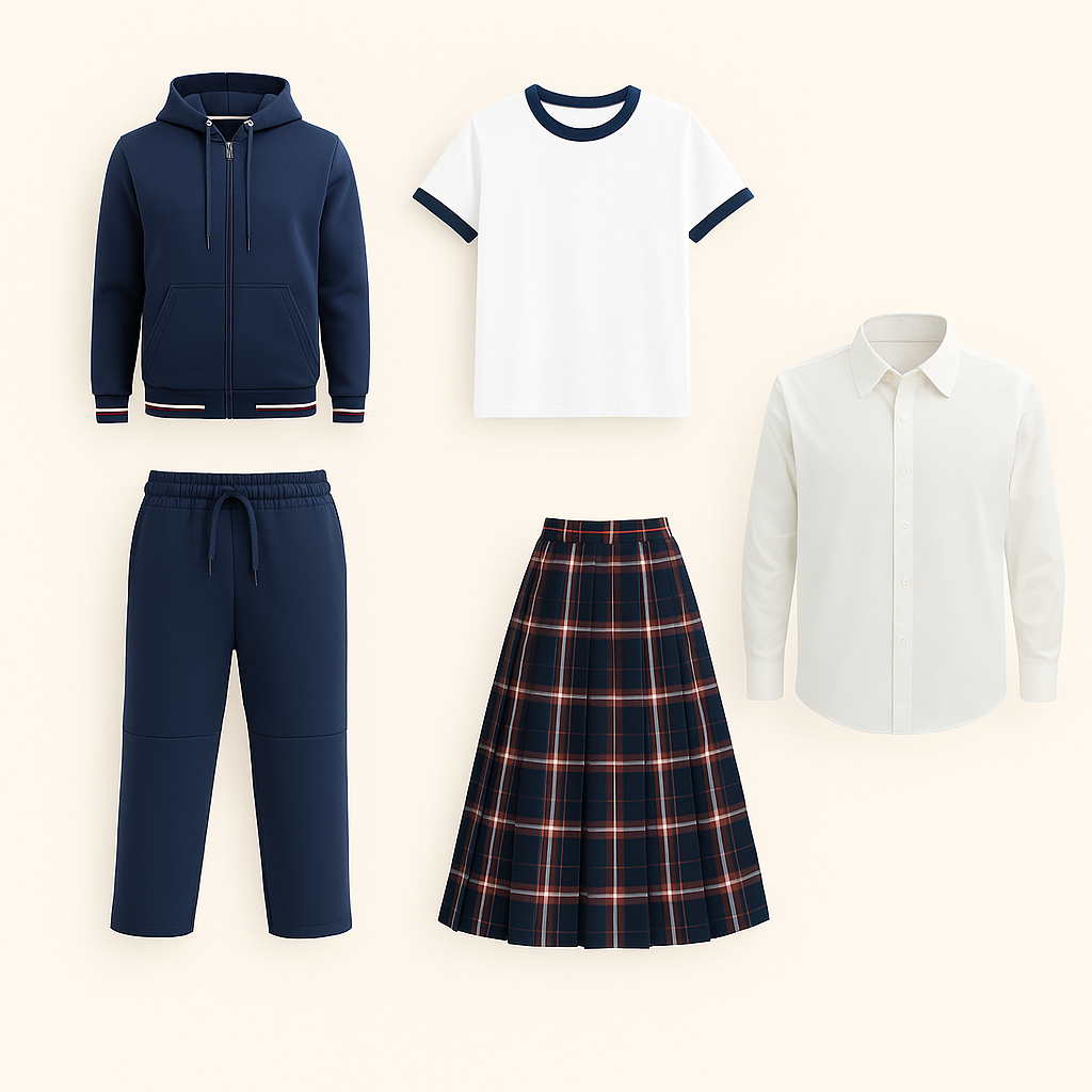 Designer (3) Uniform Package For Girls, White & Dark Blue, From KG1 To Grade 3, 5 PCS - Image 1